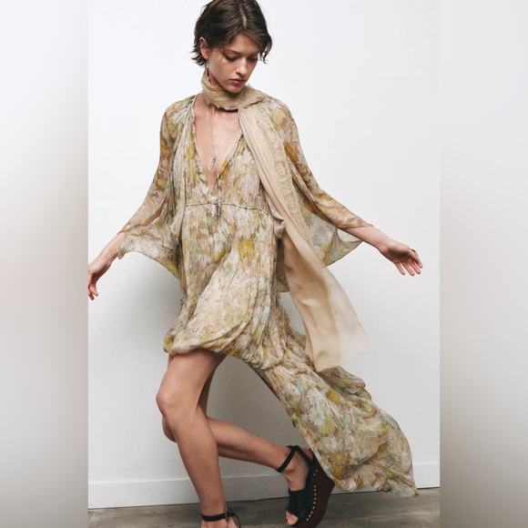 Zara Floral Chiffon Dress with Asymmetrical Hem bohemian hippie summer fall - Picture 5 of 10